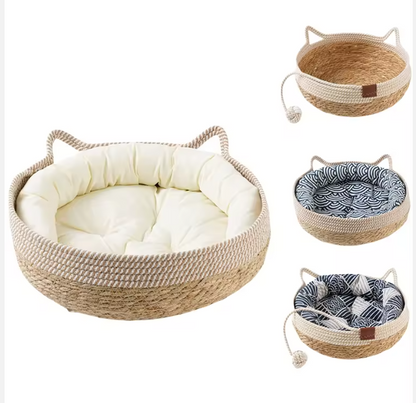 Luxury Handcrafted Rattan Pet Bed with Cushioned Comfort