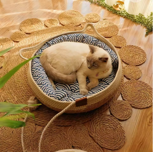 Luxury Handcrafted Rattan Pet Bed with Cushioned Comfort