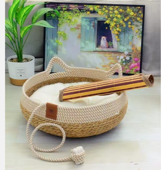 Luxury Handcrafted Rattan Pet Bed with Cushioned Comfort
